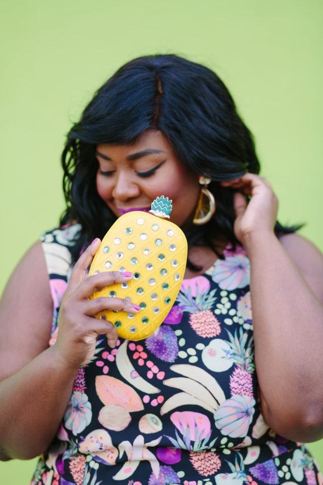 Musings of a Curvy Lady, Plus Size Fashion, Fashion Blogger, Gwynnie Bee, Rachel Antanoff for Gwynnie Bee, Fruit Print Dress, Pineapple Clutch, Women's Fashion, OOTD, Curvy Style, Nine West, Mango, Jacksonville, Orlando, Tampa, Miami, Florida, StyleWatch Magazine, Fashion Climaxx