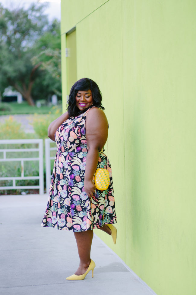 Musings of a Curvy Lady, Plus Size Fashion, Fashion Blogger, Gwynnie Bee, Rachel Antanoff for Gwynnie Bee, Fruit Print Dress, Pineapple Clutch, Women's Fashion, OOTD, Curvy Style, Nine West, Mango, Jacksonville, Orlando, Tampa, Miami, Florida, StyleWatch Magazine, Fashion Climaxx