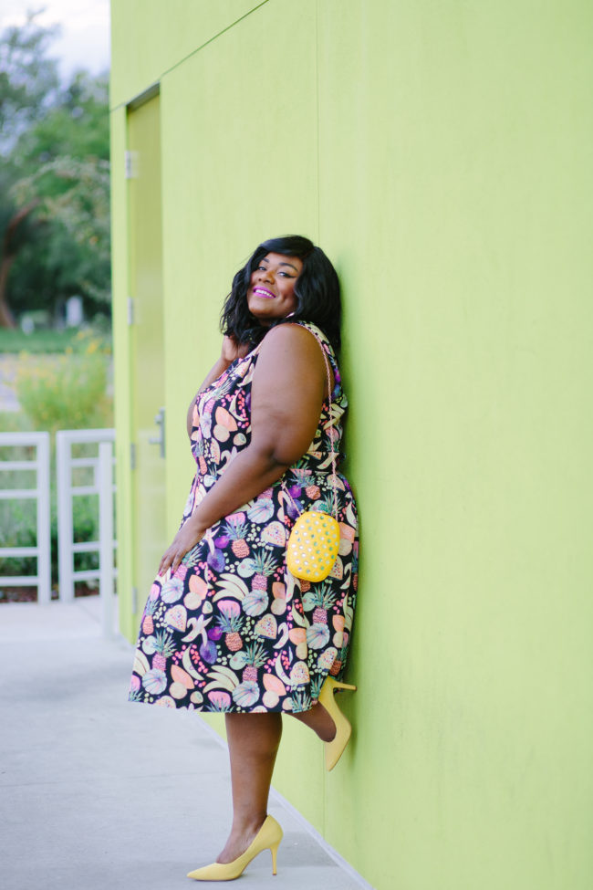 Musings of a Curvy Lady, Plus Size Fashion, Fashion Blogger, Gwynnie Bee, Rachel Antanoff for Gwynnie Bee, Fruit Print Dress, Pineapple Clutch, Women's Fashion, OOTD, Curvy Style, Nine West, Mango, Jacksonville, Orlando, Tampa, Miami, Florida, StyleWatch Magazine, Fashion Climaxx