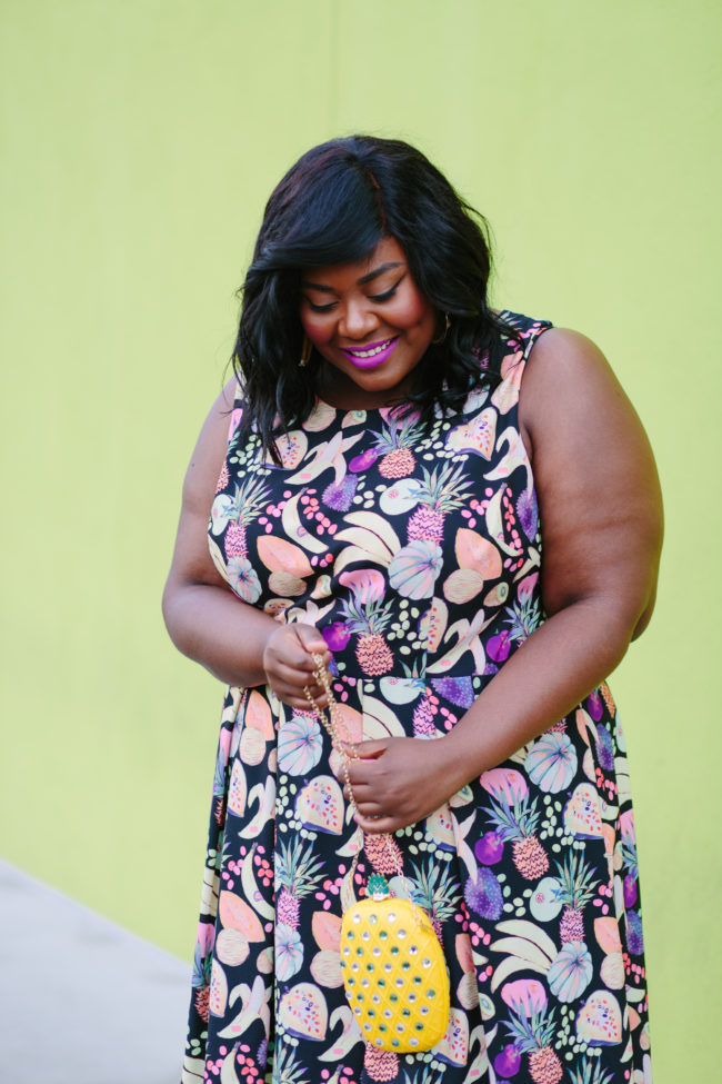 Musings of a Curvy Lady, Plus Size Fashion, Fashion Blogger, Gwynnie Bee, Rachel Antanoff for Gwynnie Bee, Fruit Print Dress, Pineapple Clutch, Women's Fashion, OOTD, Curvy Style, Nine West, Mango, Jacksonville, Orlando, Tampa, Miami, Florida, StyleWatch Magazine, Fashion Climaxx