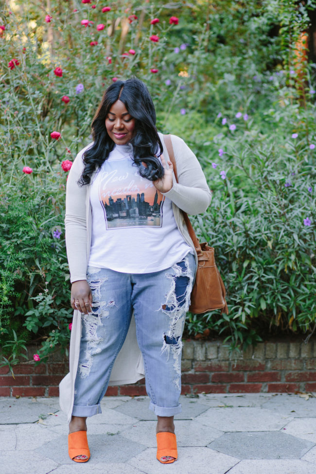 Musings of a Curvy Lady, Plus Size Fashion, Fashion Blogger, Long Cardigan, Forever 21, Graphic Tee, Distressed Denim, Torrid Denim, Mules, ASOS, New Look, Sseko Designs, Caramel Tote, Fall Fashion, Women's Fashion