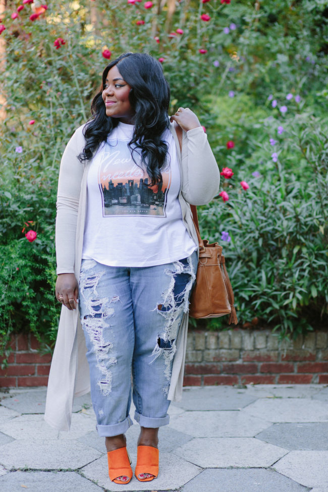 Musings of a Curvy Lady, Plus Size Fashion, Fashion Blogger, Long Cardigan, Forever 21, Graphic Tee, Distressed Denim, Torrid Denim, Mules, ASOS, New Look, Sseko Designs, Caramel Tote, Fall Fashion, Women's Fashion