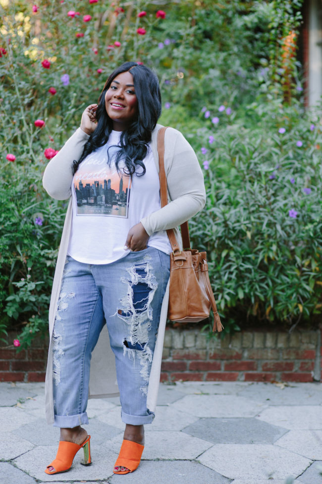 Musings of a Curvy Lady, Plus Size Fashion, Fashion Blogger, Long Cardigan, Forever 21, Graphic Tee, Distressed Denim, Torrid Denim, Mules, ASOS, New Look, Sseko Designs, Caramel Tote, Fall Fashion, Women's Fashion