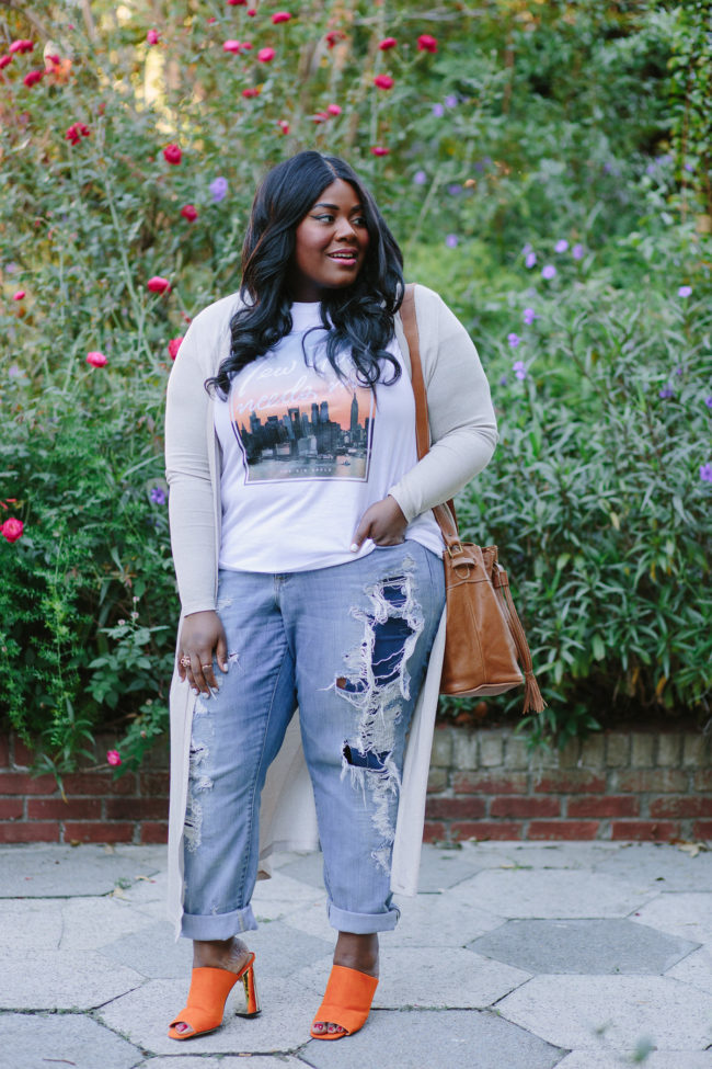 Musings of a Curvy Lady, Plus Size Fashion, Fashion Blogger, Long Cardigan, Forever 21, Graphic Tee, Distressed Denim, Torrid Denim, Mules, ASOS, New Look, Sseko Designs, Caramel Tote, Fall Fashion, Women's Fashion