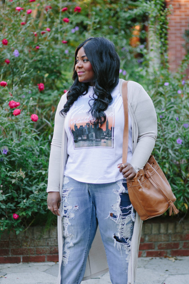 Musings of a Curvy Lady, Plus Size Fashion, Fashion Blogger, Long Cardigan, Forever 21, Graphic Tee, Distressed Denim, Torrid Denim, Mules, ASOS, New Look, Sseko Designs, Caramel Tote, Fall Fashion, Women's Fashion