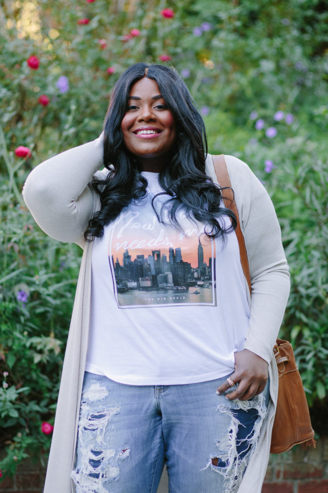 Musings of a Curvy Lady, Plus Size Fashion, Fashion Blogger, Long Cardigan, Forever 21, Graphic Tee, Distressed Denim, Torrid Denim, Mules, ASOS, New Look, Sseko Designs, Caramel Tote, Fall Fashion, Women's Fashion