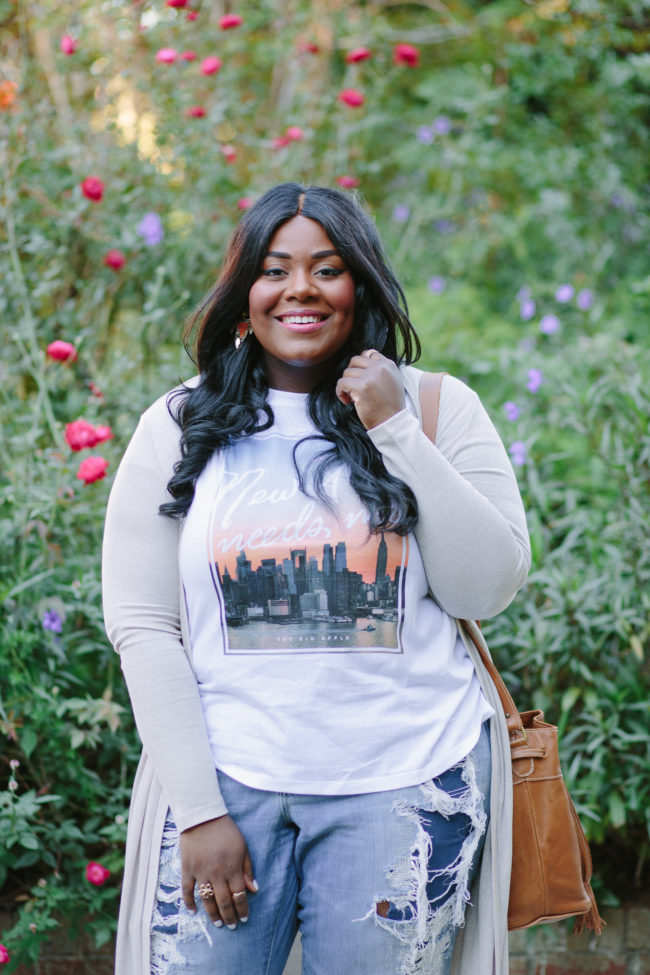 Musings of a Curvy Lady, Plus Size Fashion, Fashion Blogger, Long Cardigan, Forever 21, Graphic Tee, Distressed Denim, Torrid Denim, Mules, ASOS, New Look, Sseko Designs, Caramel Tote, Fall Fashion, Women's Fashion