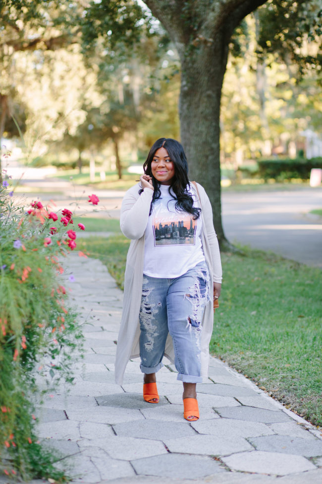 Musings of a Curvy Lady, Plus Size Fashion, Fashion Blogger, Long Cardigan, Forever 21, Graphic Tee, Distressed Denim, Torrid Denim, Mules, ASOS, New Look, Sseko Designs, Caramel Tote, Fall Fashion, Women's Fashion