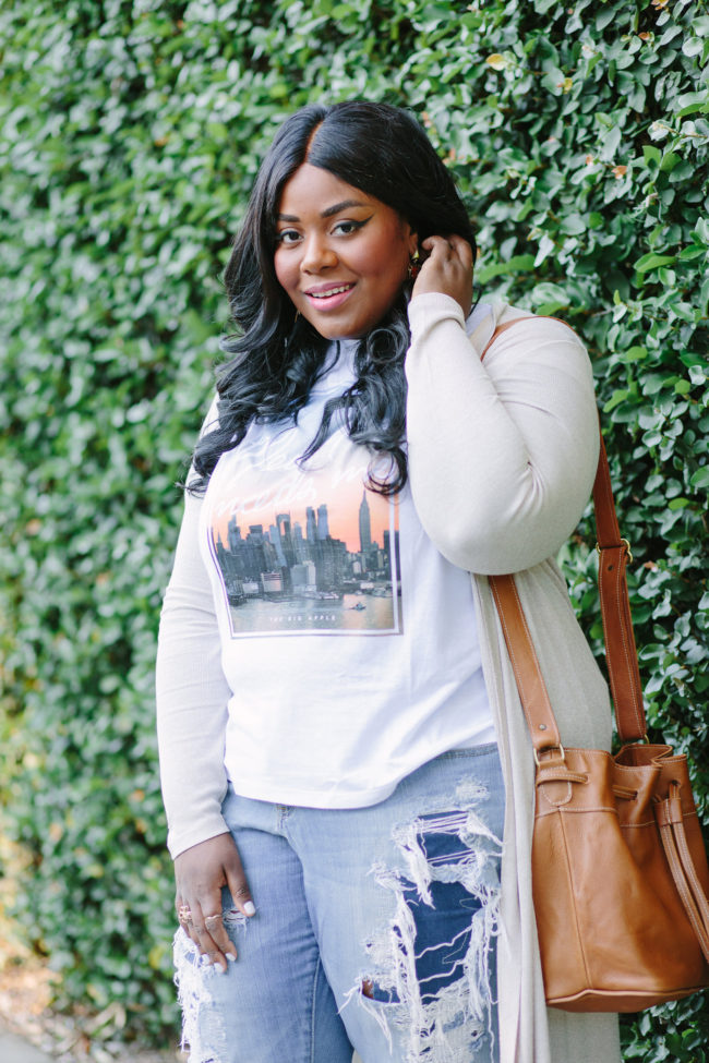 Musings of a Curvy Lady, Plus Size Fashion, Fashion Blogger, Long Cardigan, Forever 21, Graphic Tee, Distressed Denim, Torrid Denim, Mules, ASOS, New Look, Sseko Designs, Caramel Tote, Fall Fashion, Women's Fashion