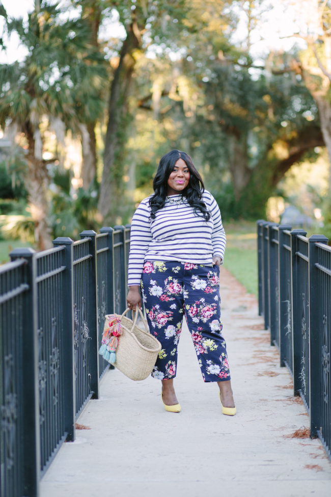 Musings of a Curvy Lady, Plus Size Fashion, Fashion Blogger, Old Navy, Old Navy Plus sizes, Floral Print Pants, Striped Tee, Nine West, Fall Fashion, Women's Fashion