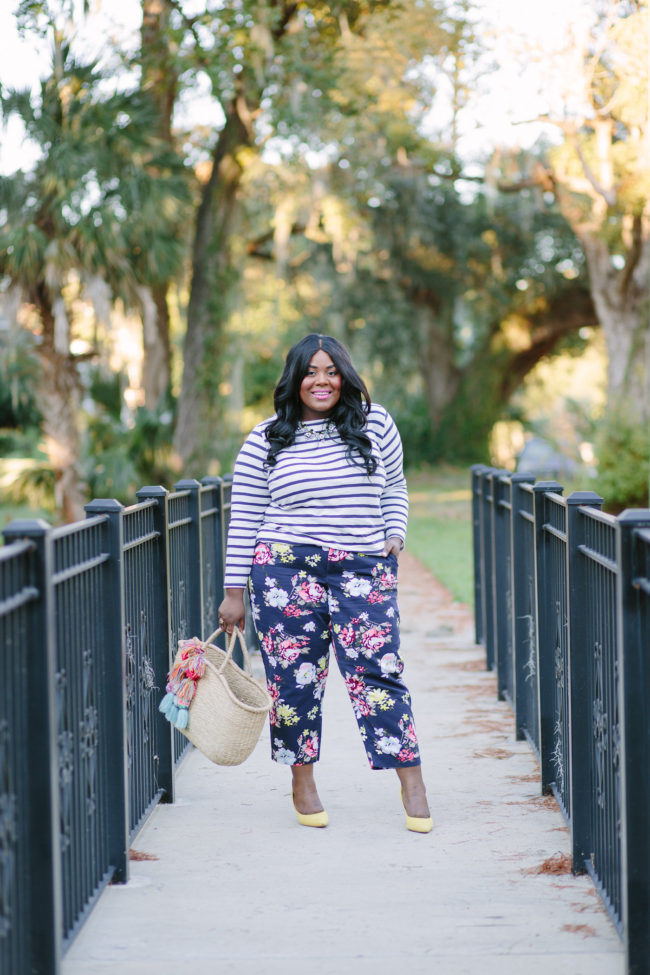 Musings of a Curvy Lady, Plus Size Fashion, Fashion Blogger, Old Navy, Old Navy Plus sizes, Floral Print Pants, Striped Tee, Nine West, Fall Fashion, Women's Fashion