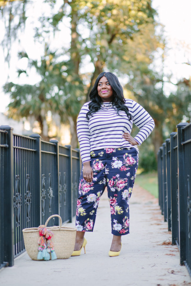 Musings of a Curvy Lady, Plus Size Fashion, Fashion Blogger, Old Navy, Old Navy Plus sizes, Floral Print Pants, Striped Tee, Nine West, Fall Fashion, Women's Fashion