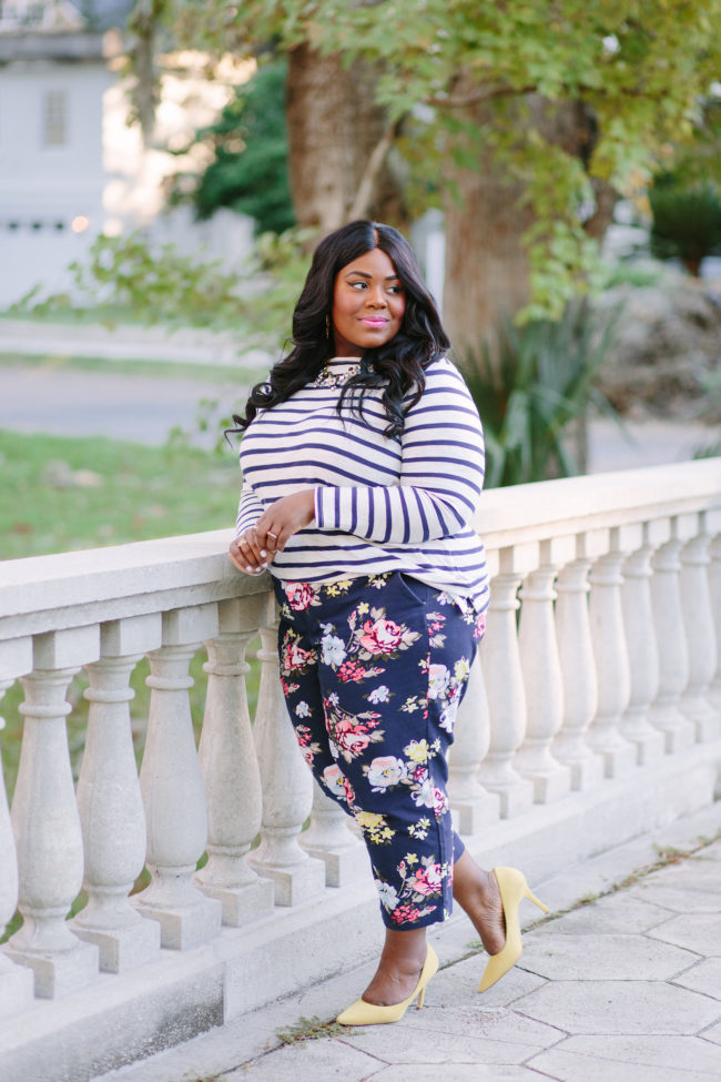 Musings of a Curvy Lady, Plus Size Fashion, Fashion Blogger, Old Navy, Old Navy Plus sizes, Floral Print Pants, Striped Tee, Nine West, Fall Fashion, Women's Fashion