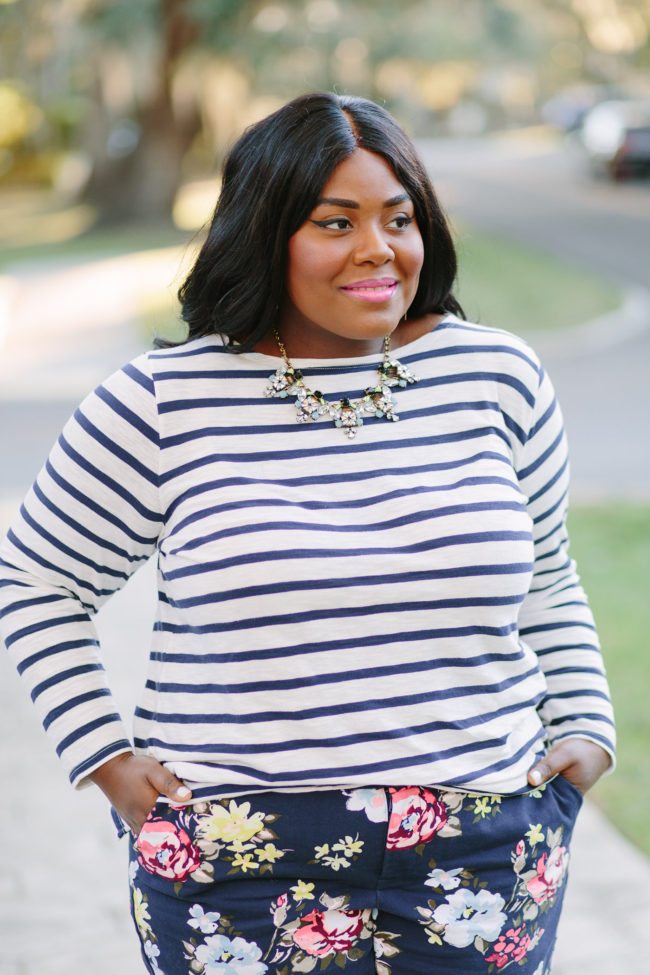 Musings of a Curvy Lady, Plus Size Fashion, Fashion Blogger, Old Navy, Old Navy Plus sizes, Floral Print Pants, Striped Tee, Nine West, Fall Fashion, Women's Fashion