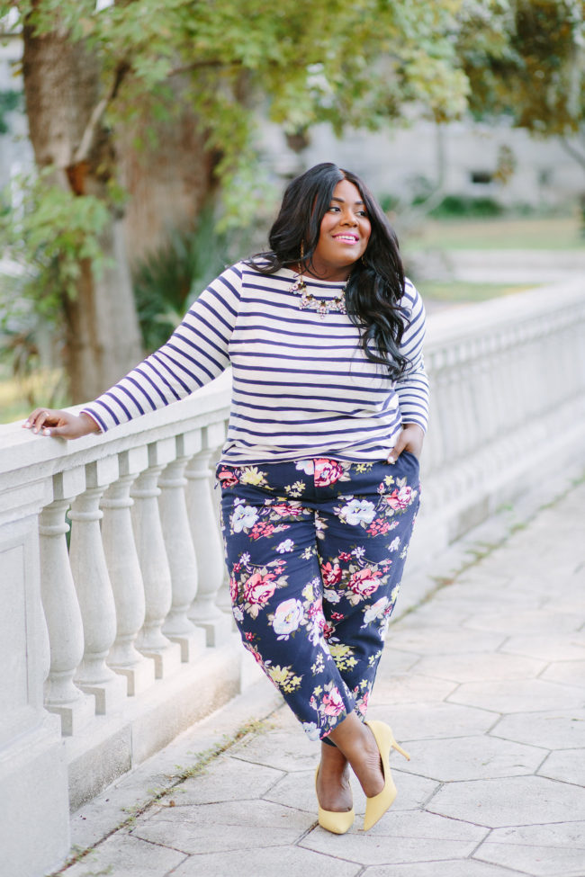 Musings of a Curvy Lady, Plus Size Fashion, Fashion Blogger, Old Navy, Old Navy Plus sizes, Floral Print Pants, Striped Tee, Nine West, Fall Fashion, Women's Fashion