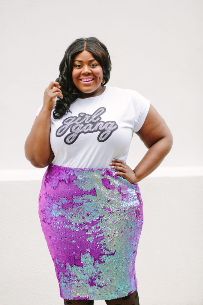 Musings of a Curvy Lady, Plus Size Fashion, Fashion Blogger, Simply Be, Sequin Skirt, Girl Gang, Graphic Tee, Polka dot tights, statement platforms