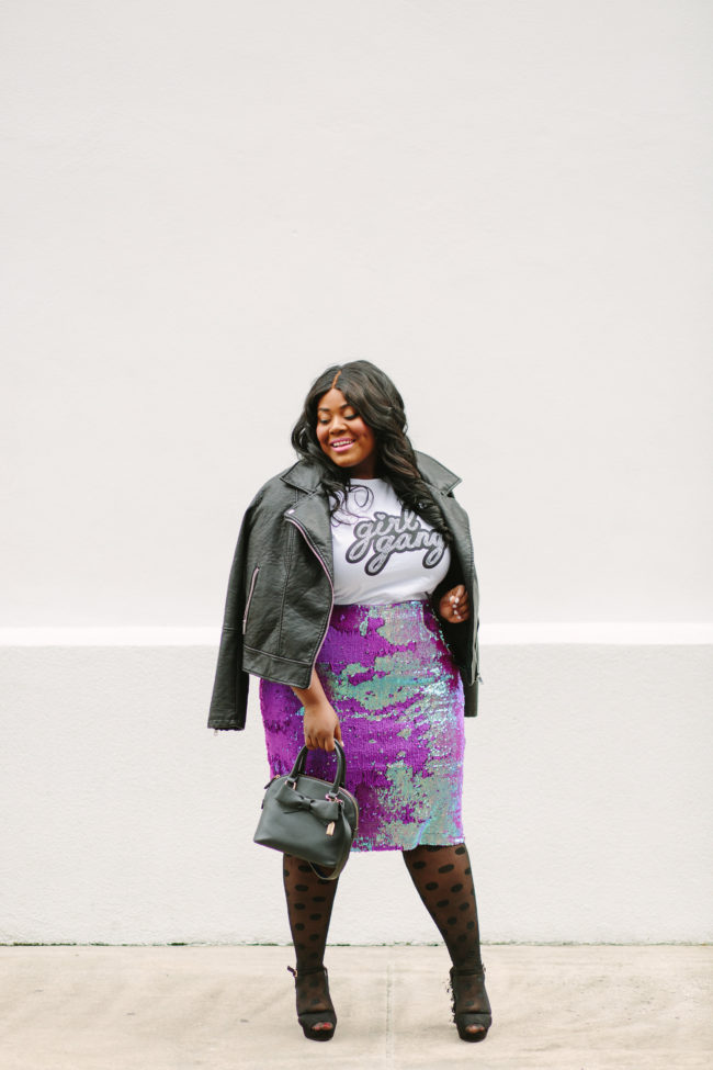 Musings of a Curvy Lady, Plus Size Fashion, Fashion Blogger, Simply Be, Sequin Skirt, Girl Gang, Graphic Tee, Polka dot tights, statement platforms