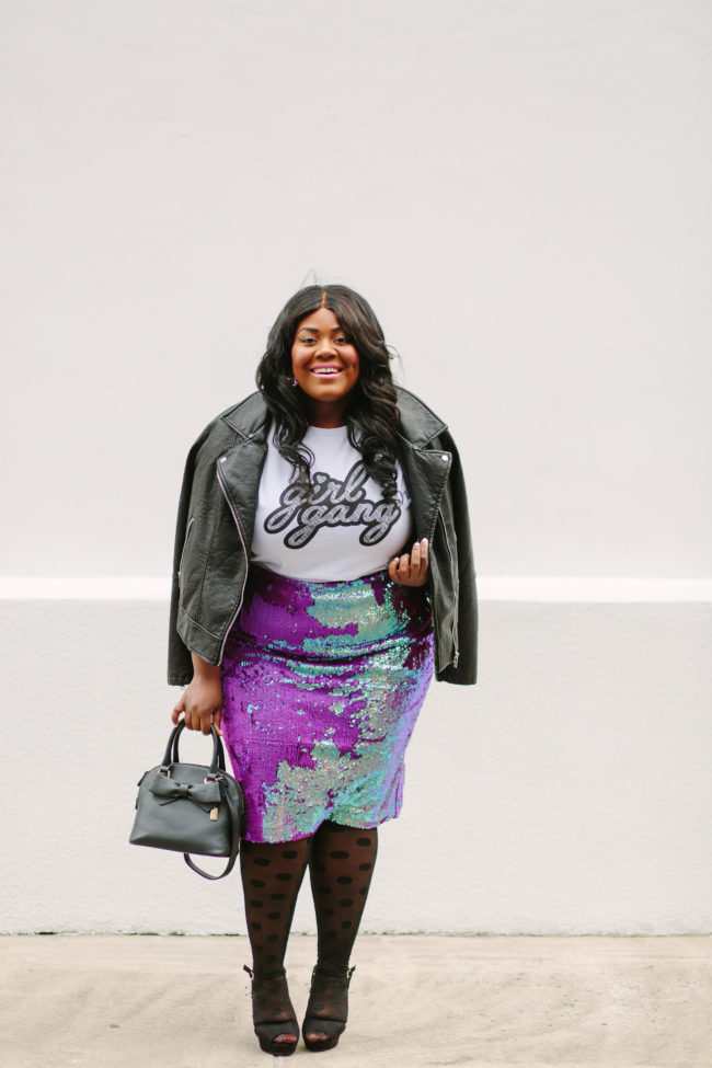 Musings of a Curvy Lady, Plus Size Fashion, Fashion Blogger, Simply Be, Sequin Skirt, Girl Gang, Graphic Tee, Polka dot tights, statement platforms