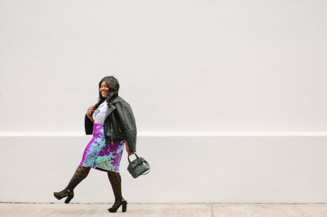 Musings of a Curvy Lady, Plus Size Fashion, Fashion Blogger, Simply Be, Sequin Skirt, Girl Gang, Graphic Tee, Polka dot tights, statement platforms