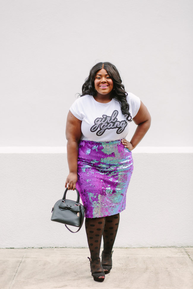 Musings of a Curvy Lady, Plus Size Fashion, Fashion Blogger, Simply Be, Sequin Skirt, Girl Gang, Graphic Tee, Polka dot tights, statement platforms