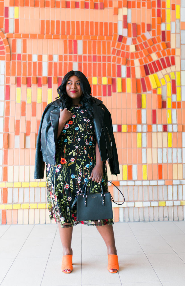 Musings of a Curvy Lady, Plus Size Fashion, Fashion Blogger, Manon Baptiste, Navabi Fashion, Floral Print, Floral Embroidery, Leather Jacket and Dress, Women's Fashion, Spring Fashion