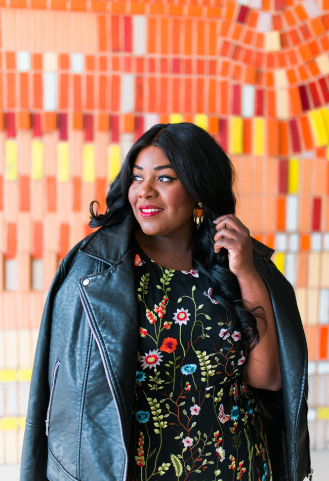 Musings of a Curvy Lady, Plus Size Fashion, Fashion Blogger, Manon Baptiste, Navabi Fashion, Floral Print, Floral Embroidery, Leather Jacket and Dress, Women's Fashion, Spring Fashion