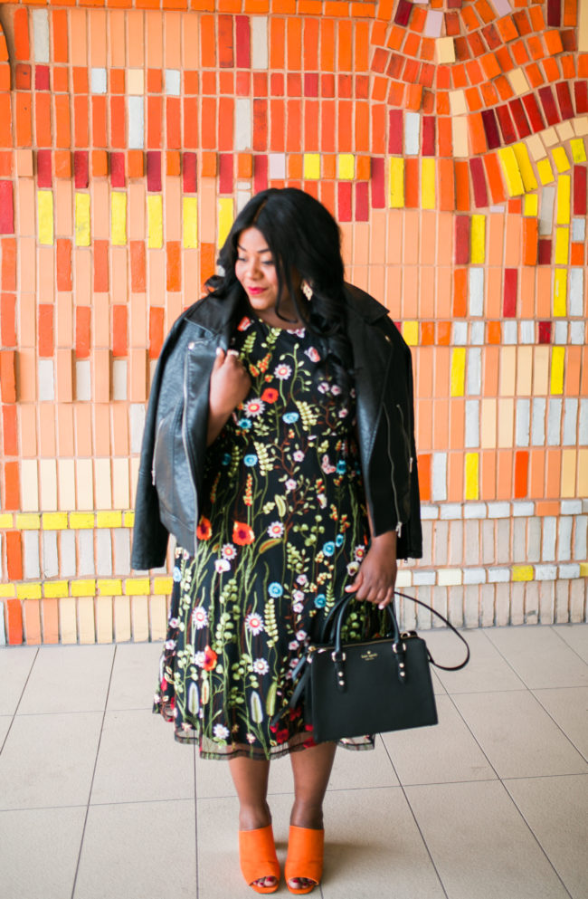 Musings of a Curvy Lady, Plus Size Fashion, Fashion Blogger, Manon Baptiste, Navabi Fashion, Floral Print, Floral Embroidery, Leather Jacket and Dress, Women's Fashion, Spring Fashion