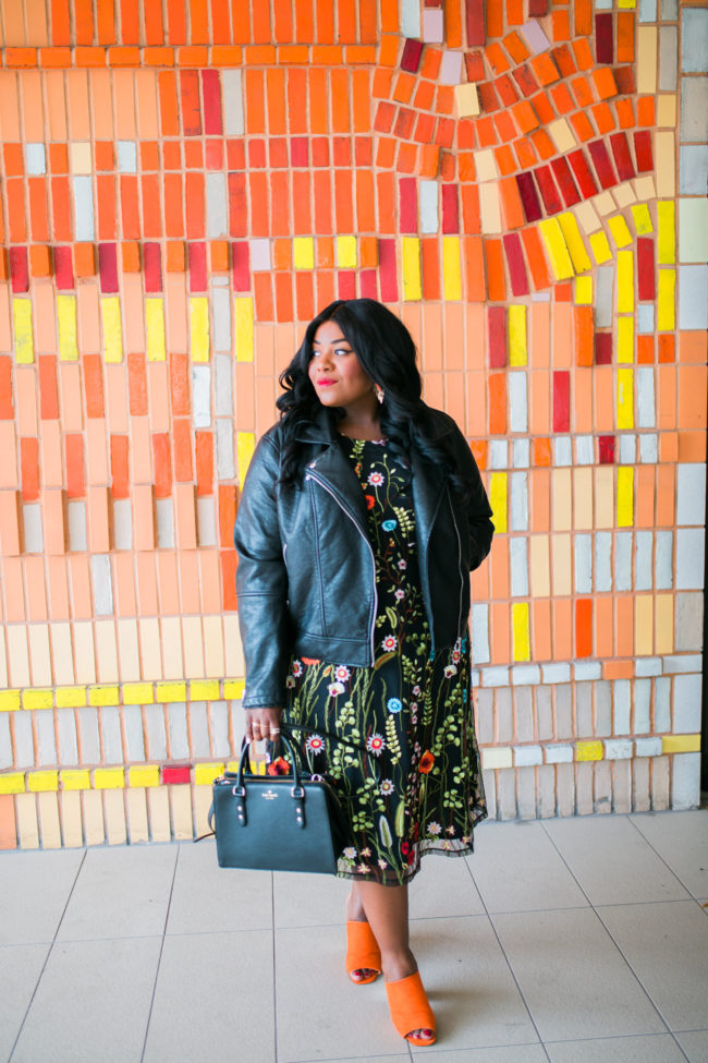 Musings of a Curvy Lady, Plus Size Fashion, Fashion Blogger, Manon Baptiste, Navabi Fashion, Floral Print, Floral Embroidery, Leather Jacket and Dress, Women's Fashion, Spring Fashion