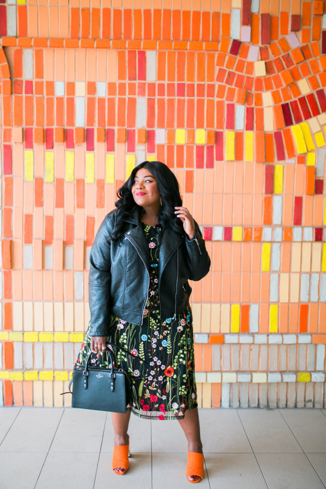 Musings of a Curvy Lady, Plus Size Fashion, Fashion Blogger, Manon Baptiste, Navabi Fashion, Floral Print, Floral Embroidery, Leather Jacket and Dress, Women's Fashion, Spring Fashion