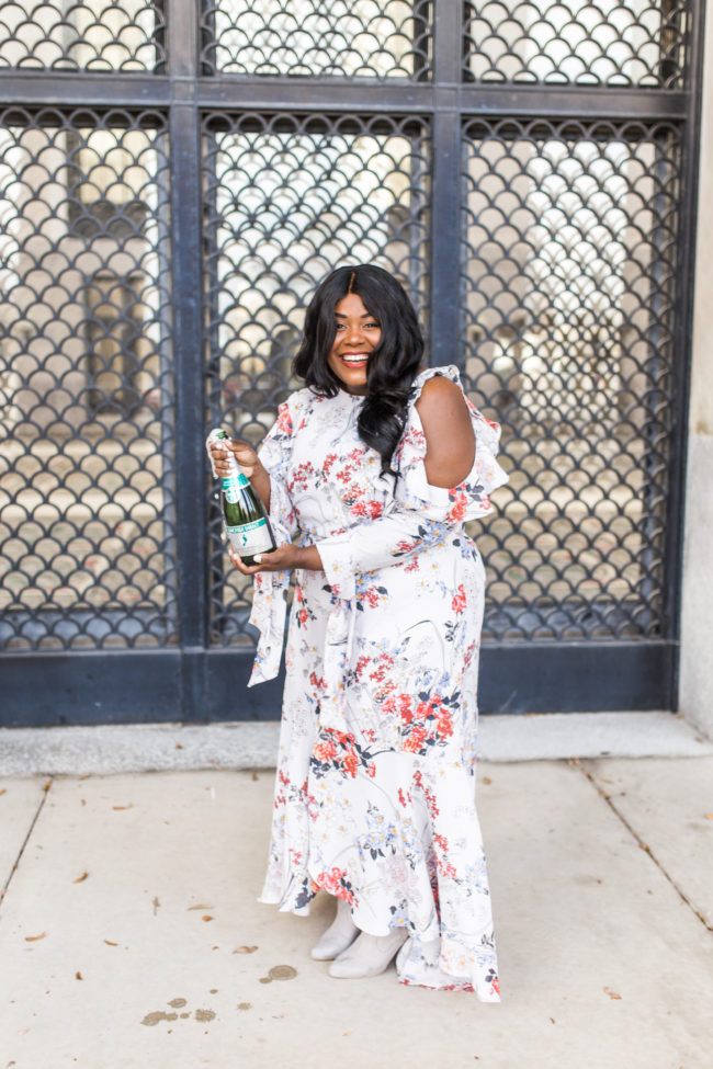 Musings of a Curvy Lady, Plus Size Fashion, Fashion Blogger, Women's Fashion, ASOS Curve, Cold Shoulder Dress, Champagne, Celebrate, Floral Print Maxi Dress