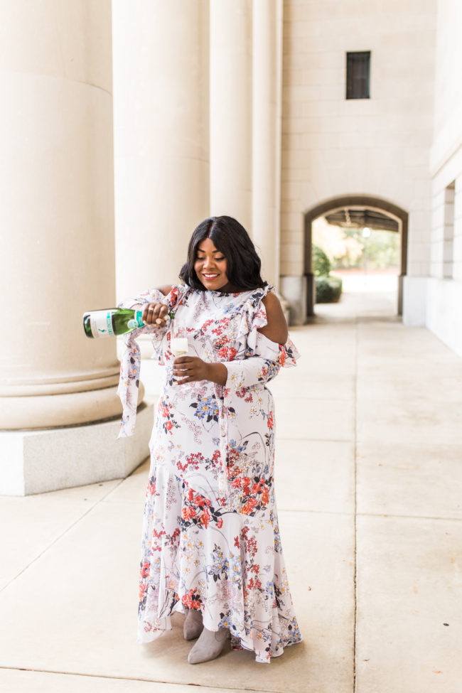 Musings of a Curvy Lady, Plus Size Fashion, Fashion Blogger, Women's Fashion, ASOS Curve, Cold Shoulder Dress, Champagne, Celebrate, Floral Print Maxi Dress