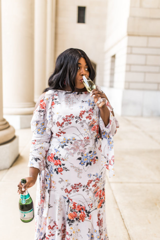 Musings of a Curvy Lady, Plus Size Fashion, Fashion Blogger, Women's Fashion, ASOS Curve, Cold Shoulder Dress, Champagne, Celebrate, Floral Print Maxi Dress