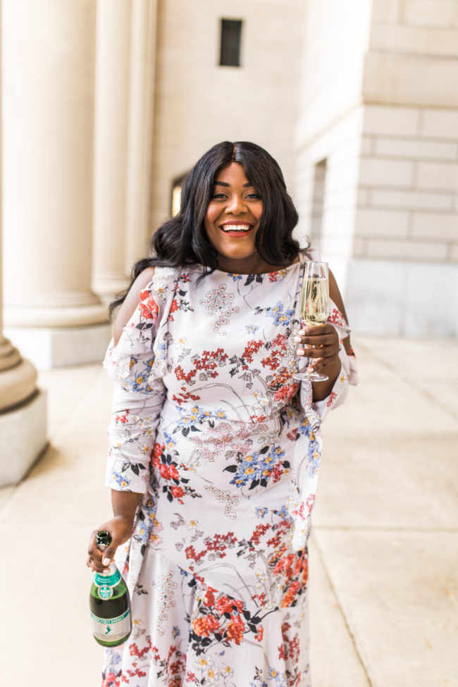 Musings of a Curvy Lady, Plus Size Fashion, Fashion Blogger, Women's Fashion, ASOS Curve, Cold Shoulder Dress, Champagne, Celebrate, Floral Print Maxi Dress