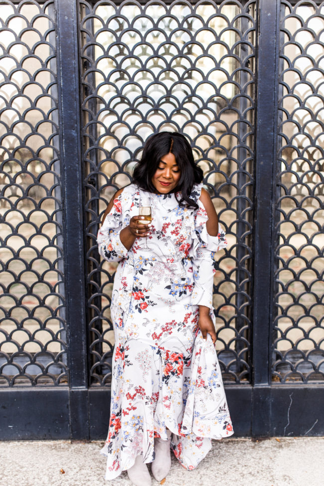 Musings of a Curvy Lady, Plus Size Fashion, Fashion Blogger, Women's Fashion, ASOS Curve, Cold Shoulder Dress, Champagne, Celebrate, Floral Print Maxi Dress