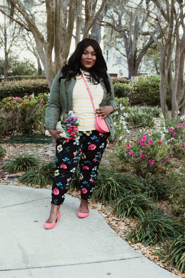 Musings of a Curvy Lady, Old Navy, Say Hi, Hi Fashion, Mix Prints, Nautical Look, Women's Fashion, Spring Fashion, Floral Pants, Utility Jacket, Plus Size Fashion, Fashion Blogger