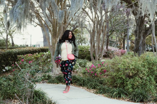 Musings of a Curvy Lady, Old Navy, Say Hi, Hi Fashion, Mix Prints, Nautical Look, Women's Fashion, Spring Fashion, Floral Pants, Utility Jacket, Plus Size Fashion, Fashion Blogger