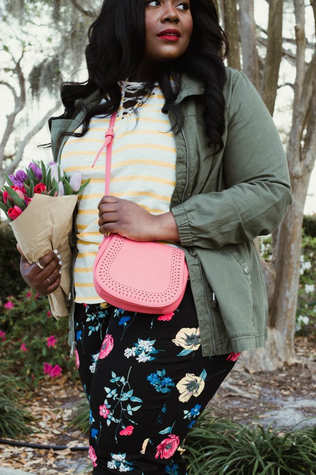 Musings of a Curvy Lady, Old Navy, Say Hi, Hi Fashion, Mix Prints, Nautical Look, Women's Fashion, Spring Fashion, Floral Pants, Utility Jacket, Plus Size Fashion, Fashion Blogger