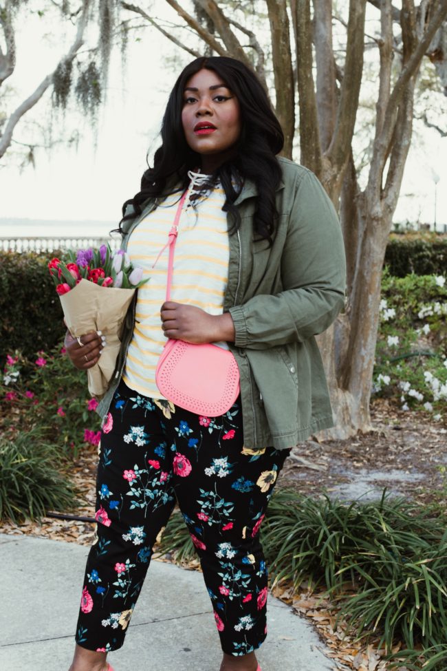 Musings of a Curvy Lady, Old Navy, Say Hi, Hi Fashion, Mix Prints, Nautical Look, Women's Fashion, Spring Fashion, Floral Pants, Utility Jacket, Plus Size Fashion, Fashion Blogger