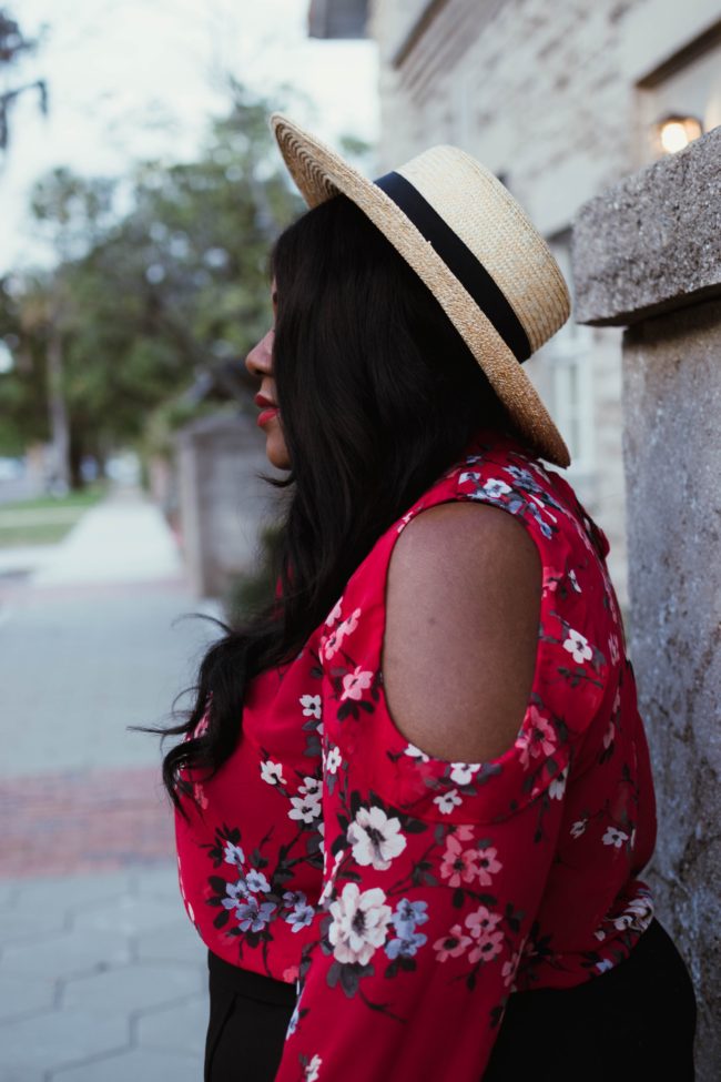 Musings of a Curvy Lady, Plus Size Fashion, Fashion Blogger, Simply Be, Spring Fashion, Cold Shoulder Trends, Ruffle Blouse, Floral Print, Boater Hat, Parisian Inspired, Women's Fashion