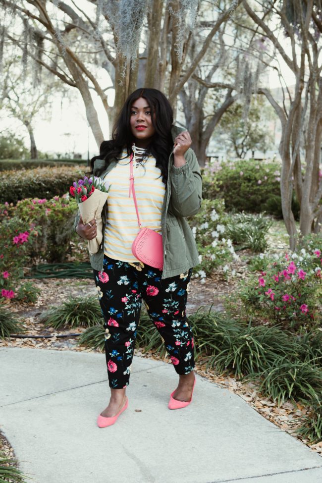 Musings of a Curvy Lady, Old Navy, Say Hi, Hi Fashion, Mix Prints, Nautical Look, Women's Fashion, Spring Fashion, Floral Pants, Utility Jacket, Plus Size Fashion, Fashion Blogger