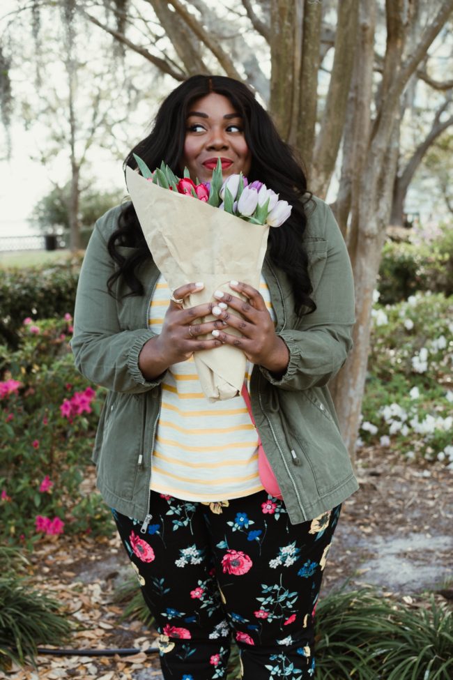 Musings of a Curvy Lady, Old Navy, Say Hi, Hi Fashion, Mix Prints, Nautical Look, Women's Fashion, Spring Fashion, Floral Pants, Utility Jacket, Plus Size Fashion, Fashion Blogger