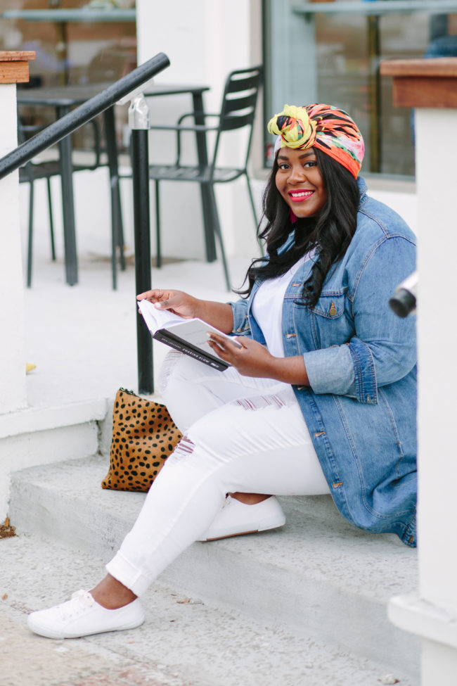 Musings of a Curvy Lady, Plus Size Fashion, Fashion Blogger, Rachel Roy Curvy, Summer Style, Summer Fashion, Women's Fashion, Turban, Statement Clutch, Denim Jacket, White Jeans, All White Outfit, Curvy Style, Fashion Ideas, Weekend Style