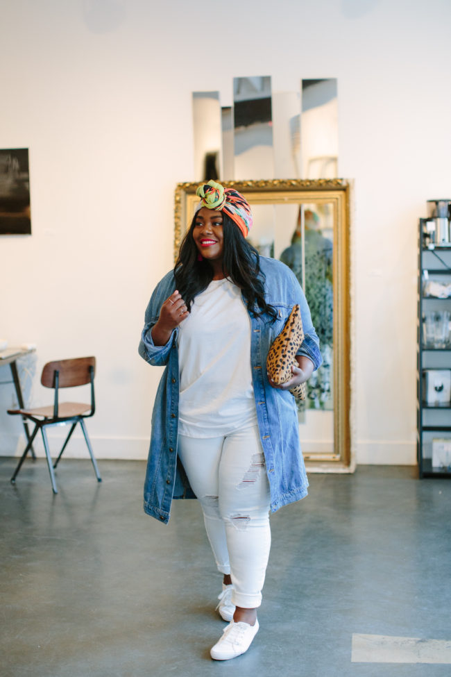 Musings of a Curvy Lady, Plus Size Fashion, Fashion Blogger, Rachel Roy Curvy, Summer Style, Summer Fashion, Women's Fashion, Turban, Statement Clutch, Denim Jacket, White Jeans, All White Outfit, Curvy Style, Fashion Ideas, Weekend Style