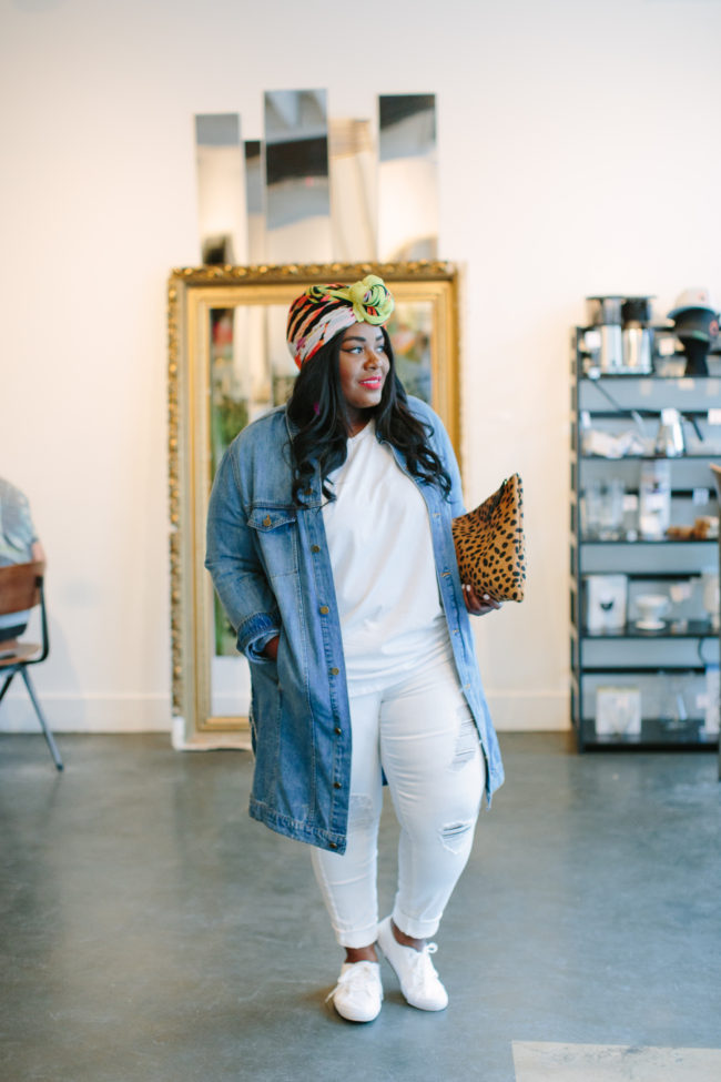 Musings of a Curvy Lady, Plus Size Fashion, Fashion Blogger, Rachel Roy Curvy, Summer Style, Summer Fashion, Women's Fashion, Turban, Statement Clutch, Denim Jacket, White Jeans, All White Outfit, Curvy Style, Fashion Ideas, Weekend Style