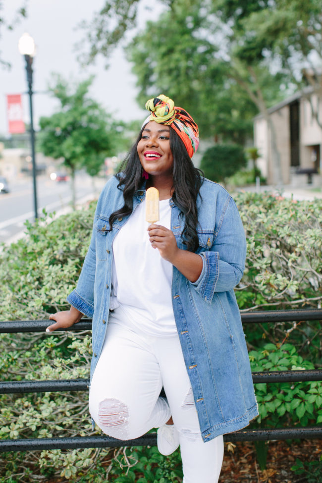 Musings of a Curvy Lady, Plus Size Fashion, Fashion Blogger, Rachel Roy Curvy, Summer Style, Summer Fashion, Women's Fashion, Turban, Statement Clutch, Denim Jacket, White Jeans, All White Outfit, Curvy Style, Fashion Ideas, Weekend Style