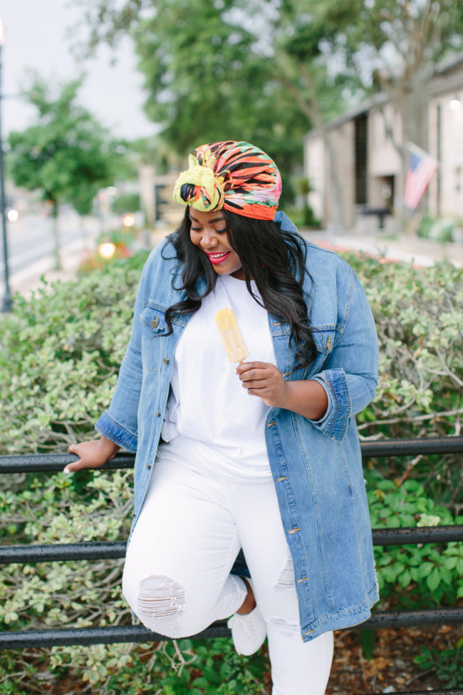 Musings of a Curvy Lady, Plus Size Fashion, Fashion Blogger, Rachel Roy Curvy, Summer Style, Summer Fashion, Women's Fashion, Turban, Statement Clutch, Denim Jacket, White Jeans, All White Outfit, Curvy Style, Fashion Ideas, Weekend Style