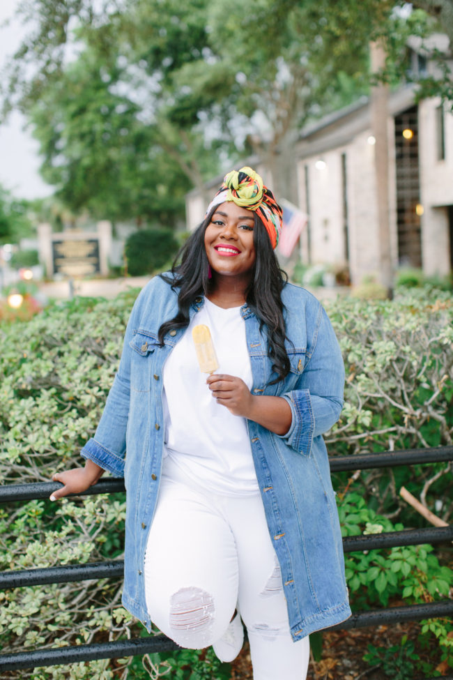 Musings of a Curvy Lady, Plus Size Fashion, Fashion Blogger, Rachel Roy Curvy, Summer Style, Summer Fashion, Women's Fashion, Turban, Statement Clutch, Denim Jacket, White Jeans, All White Outfit, Curvy Style, Fashion Ideas, Weekend Style