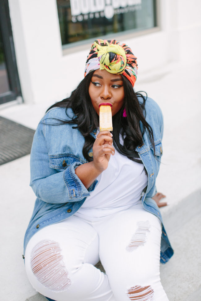 Musings of a Curvy Lady, Plus Size Fashion, Fashion Blogger, Rachel Roy Curvy, Summer Style, Summer Fashion, Women's Fashion, Turban, Statement Clutch, Denim Jacket, White Jeans, All White Outfit, Curvy Style, Fashion Ideas, Weekend Style