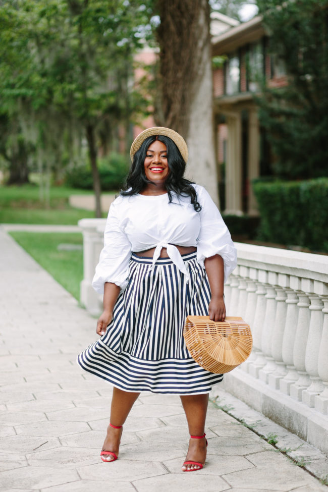 Musings of a Curvy Lady, Plus Size Fashion, Fashion, Fashion Blogger, Striped Skirt, Parisian Inspired Style, Summer Fashion, Women's Fashion, Boater Hat, Pink Peonies, Simply Be, Just Fab, Ashley Stewart, ASOS