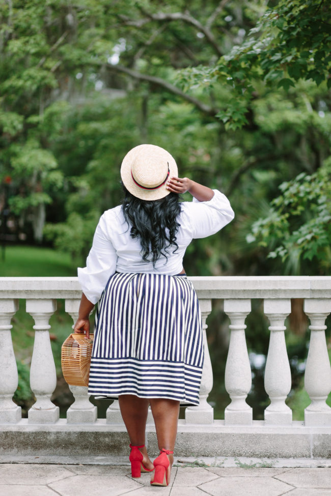 Musings of a Curvy Lady, Plus Size Fashion, Fashion, Fashion Blogger, Striped Skirt, Parisian Inspired Style, Summer Fashion, Women's Fashion, Boater Hat, Pink Peonies, Simply Be, Just Fab, Ashley Stewart, ASOS